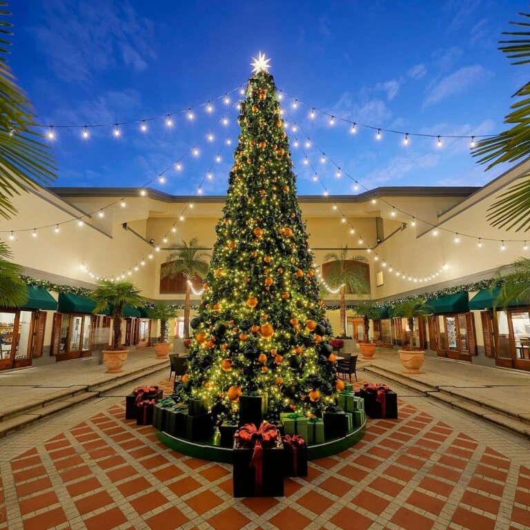 Book outdoor Christmas tree installation with warm lights and gift boxes for commercial spaces.
