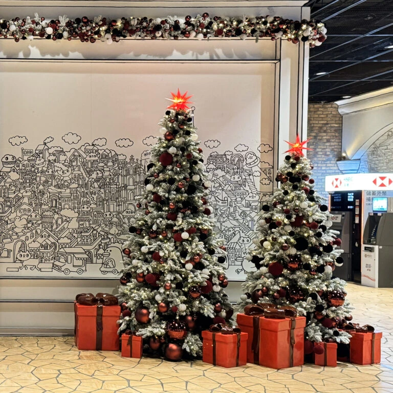 Buy twin Christmas tree display with frosted branches and red gift boxes for malls or hotels.